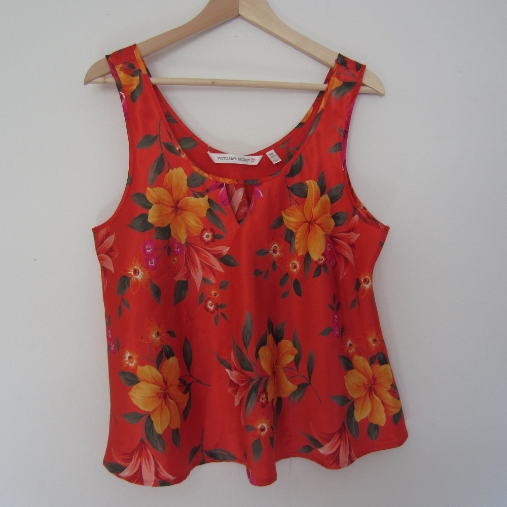 Victorias Secret Tank Top Womens L Heart Label Floral Silky Satin 90's‎  **READ